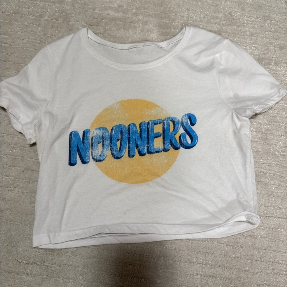 White Crop Top with Blue and Yellow Graphic